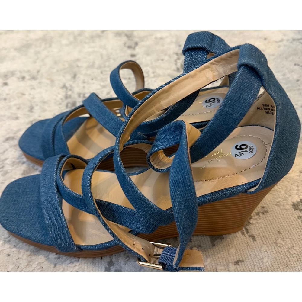Sugar Denim Strappy Wedge Sandals Blue Open Toe Wood Grain Heel 9.5M 44581657